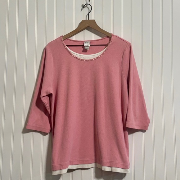 Fashion Bug Tops - Vintage Fashion‎ Bug Pink Ribbed Faux Layered Top Studded Neck 18/20W Coquette